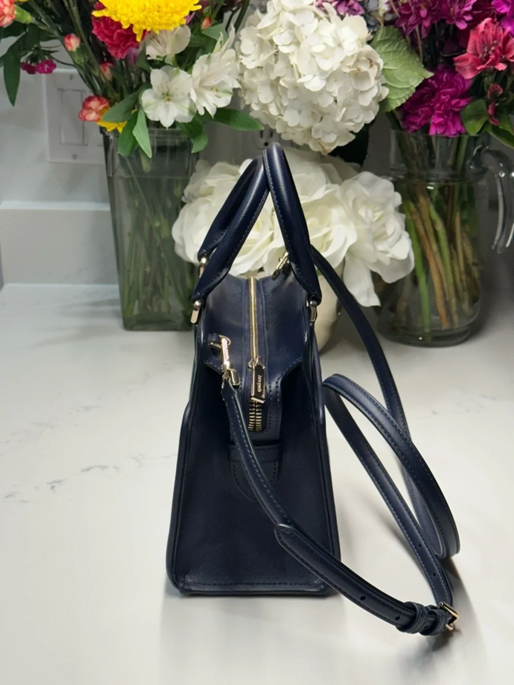 Kate Spade Madison Navy Blue Denim Floral Vase Embroidered Tote Crossbody Bag